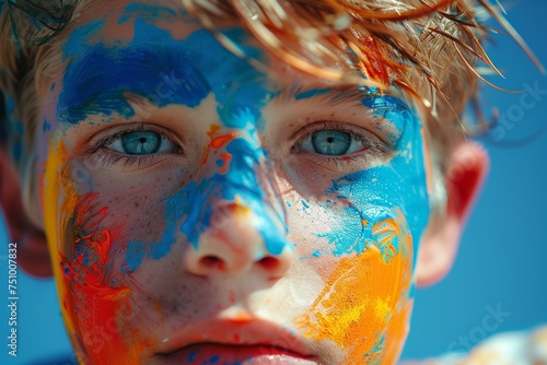 Boy with Colorful Paint on Blue Background © Custom Media