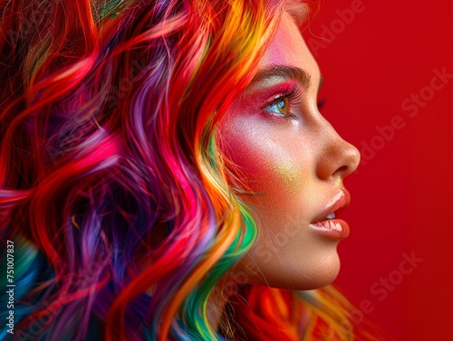 Rainbow Hair Girl on Red Background