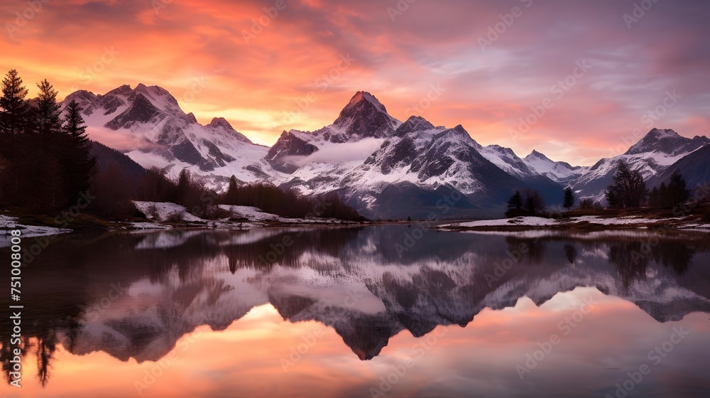 Panoramic view of snow capped alpine peaks reflected in lake at sunset