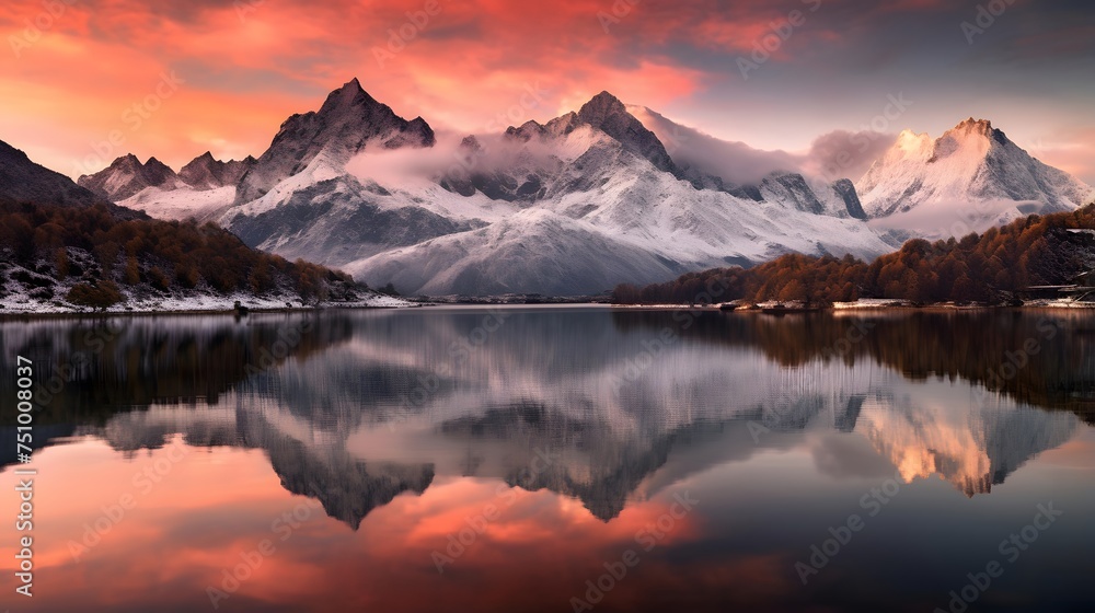 Panoramic view of snow capped mountain range reflected in lake.