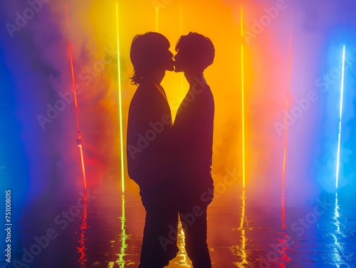 Gay couple with neon LGBT light on yellow background