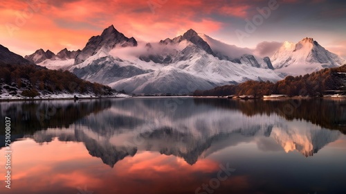 Panoramic view of snow capped mountain range reflected in lake. © Iman