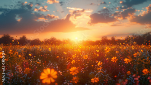 Golden evening on the summer meadow, natural landscape.