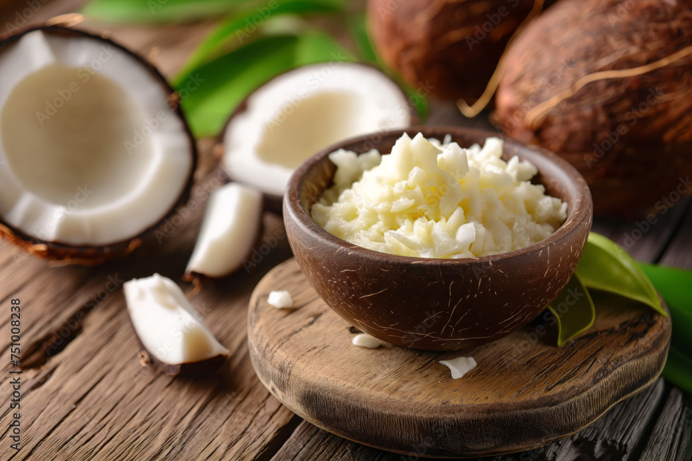 Coconut oil in a bowl with fresh coconuts on a wooden surface, showcasing natural products. Coconut oil in a bowl with fresh coconuts on a wooden surface, showcasing natural products.