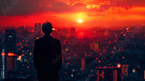 Businessman Success City Sunset Red Background