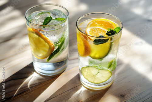 Two glasses of sparkling water with lemon and lime slices, garnished with mint, on a wooden table.
