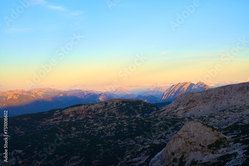 Panoramic shot of a winter sunset in the Austrian Alps © Trambitski