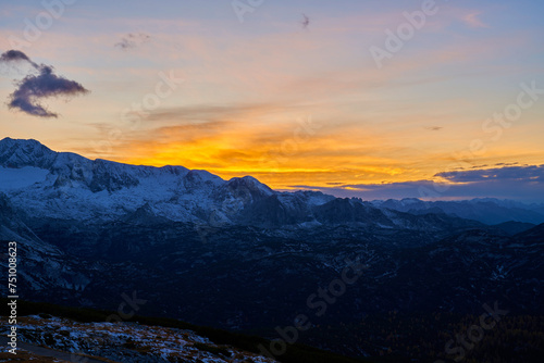 Panoramic shot of a winter sunset in the Austrian Alps