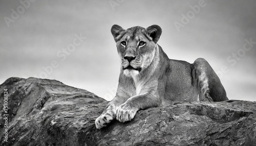 lioness on the rock in b w