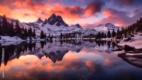 Panoramic view of lake and mountains at sunset, Canadian Rockies