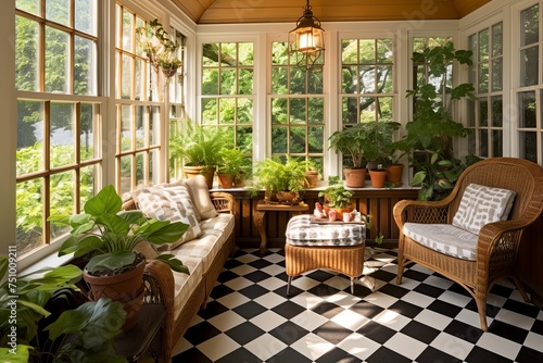 Botanical Paradise: Cottage Sunroom with Traditional Checkerboard Floors and Rattan Seating