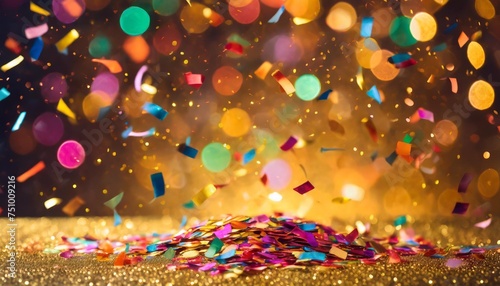a festive and colorful party with flying neon confetti on a golden background