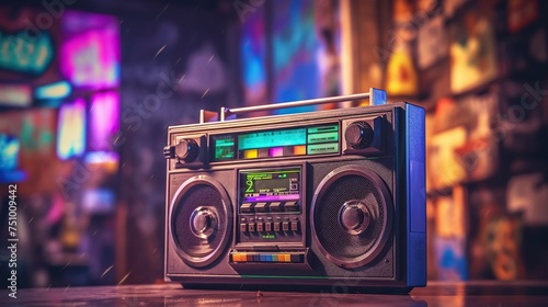 Vintage boombox hiphop dance music in neon graffiti room photo