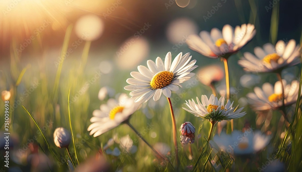 flowering daisy flower in meadow beautiful nature in spring daisy flowers lit by sun rays