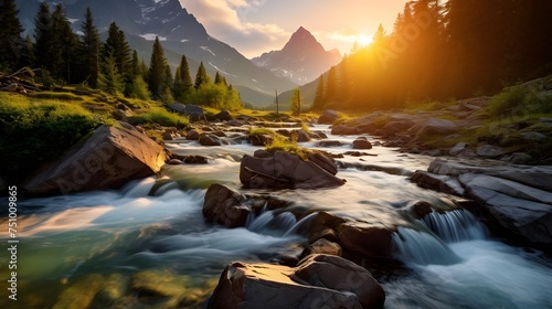 Mountain river at sunset, panoramic view. Nature background