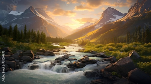Mountain river at sunset. Panoramic view of alpine landscape.