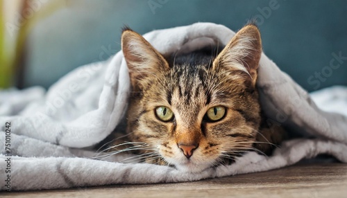 sick cat under blanket