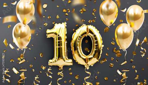 10 years old. Gold balloons number 10th anniversary, happy birthday congratulations, with falling confetti and decoration for celebrate event