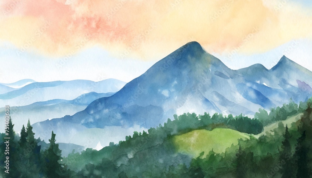 watercolor painted panoramic mountain landscape