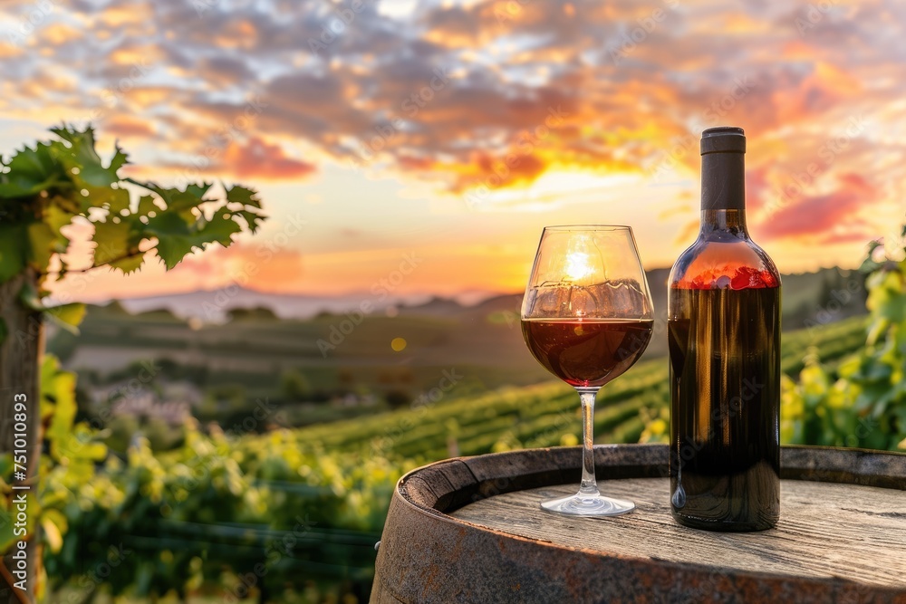 Glass of red wine and bottle, on a wine barrel. Vineyard background