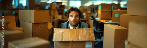 Confused businessman inside a box ready to be shipped inside a corporation shipping room looking at the camera photo