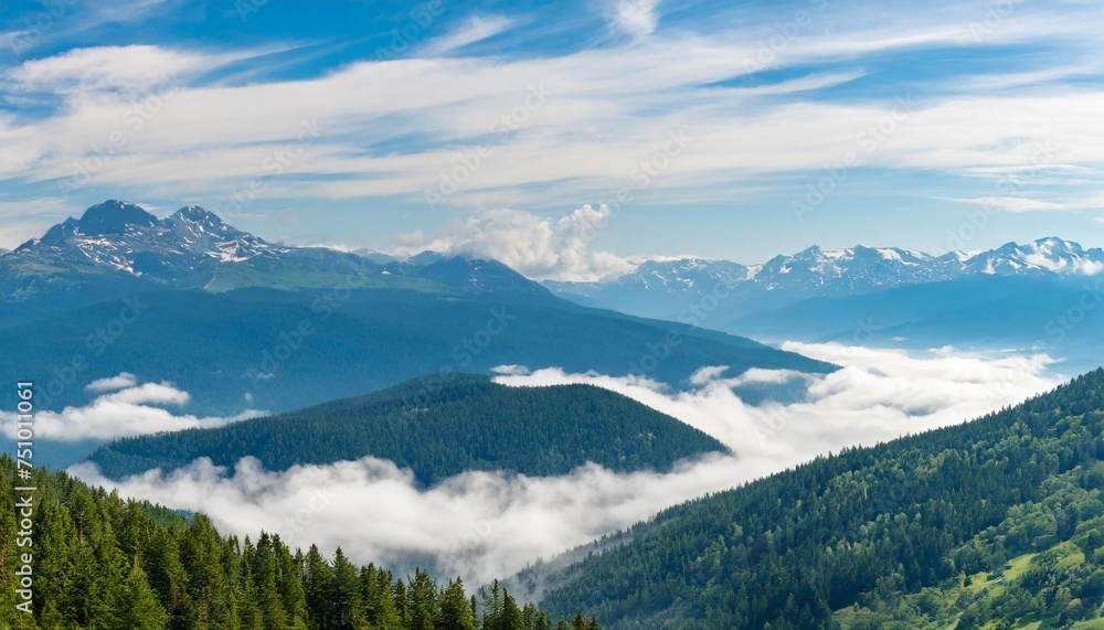 forested mountains panoramic views with clouds and fog in the distance