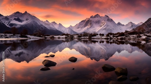 Mountains reflected in the lake at sunset, New Zealand. Panorama