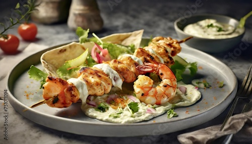 fried chicken kebab with shrimp served with flatbread salad and white sauce