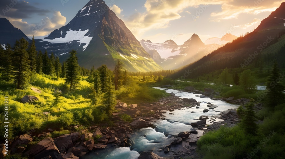 Panoramic view of a mountain river in the mountains at sunset