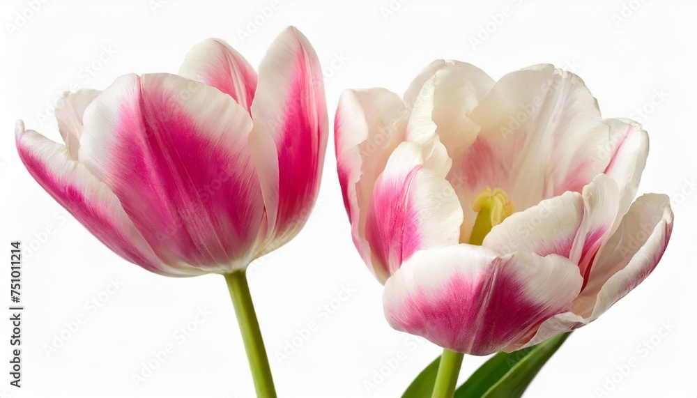 two pink white terry tulips tulipa on a white isolated background close up