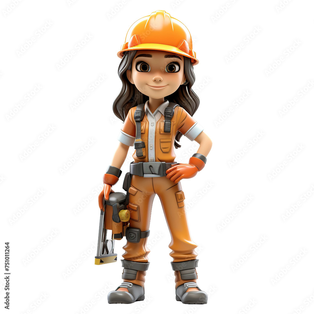 Cute smiling young female worker, 3D render style, isolated on white background cutout. Cute smiling young female worker, 3D render style, isolated on white background cutout.