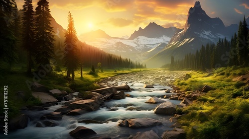 Panoramic view of the mountain river at sunrise. Picturesque summer landscape.