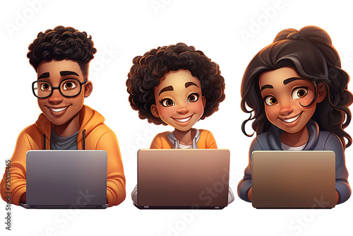 Afro university students with laptop, illustration style, isolated on white background cutout.