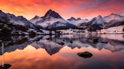 Panoramic view of snow-capped mountain range and lake at sunset © Iman