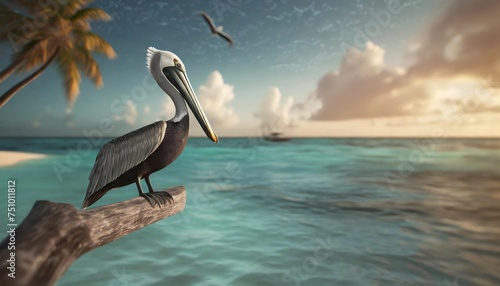 travel background with caribbean sea and pelican in the sky