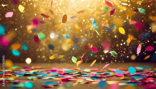 a festive and colorful party with flying neon confetti on a golden background