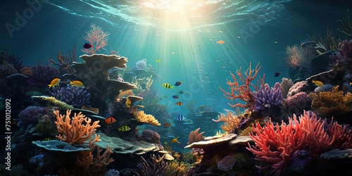 Tranquil underwater world with vibrant coral, small fish, and glistening sunlight filtering through water © Влада Яковенко