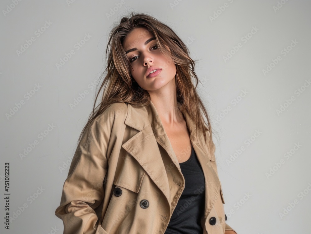 A blonde female model is looking at the camera while posing with a grey background behind her. Created with Generative AI. A blonde female model is looking at the camera while posing with a grey background behind her. Created with Generative AI.