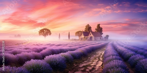 Sunrise brings a mystical mist over the tranquil lavender fields with a cottage highlighted against the glowing sky