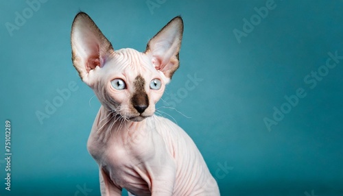 playfull white sphynx kitten cat isolated on blue cyan background