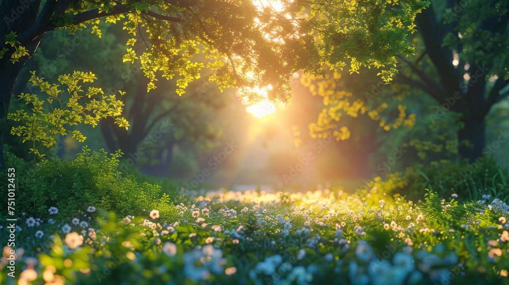 Gorgeous panoramic spring scenery with the sun beautifully illuminating the fresh green foliage. Gorgeous panoramic spring scenery with the sun beautifully illuminating the fresh green foliage.