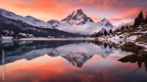 Panoramic view of snow-capped mountain peaks reflected in calm lake. © Iman