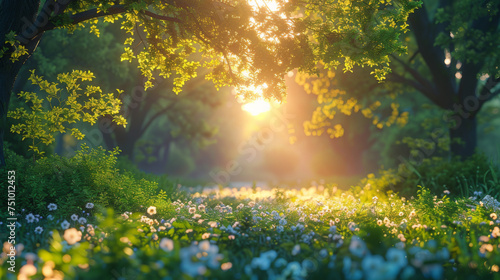 Gorgeous panoramic spring scenery with the sun beautifully illuminating the fresh green foliage.