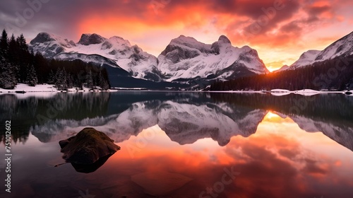 Panoramic view of snow-capped mountains and lake at sunset