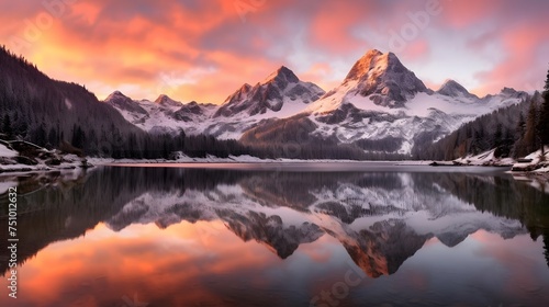 Mountain lake at sunset with reflection in the water. Panorama