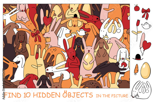 Cute bunnies. Find the hidden objects. Easter rabbits. Educational puzzle game for children. Sketch Vector illustration