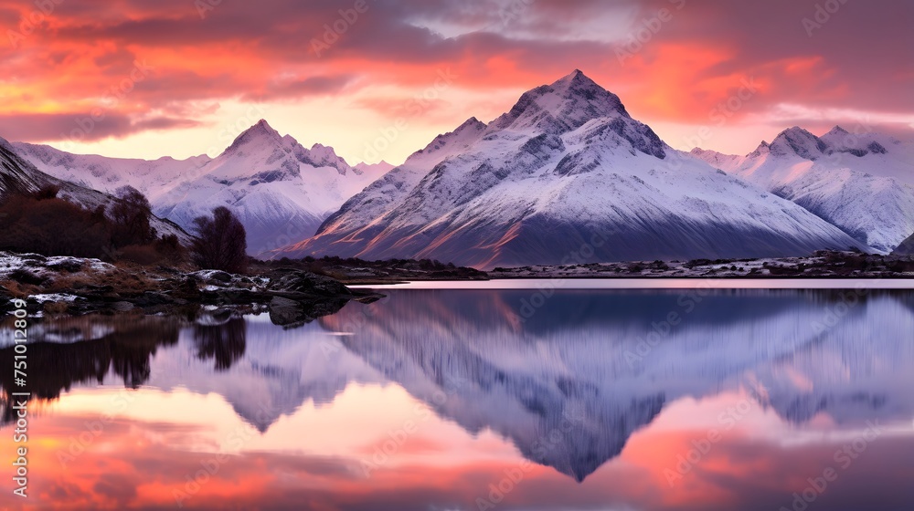 Panoramic image of snow capped mountains reflected in lake at sunset