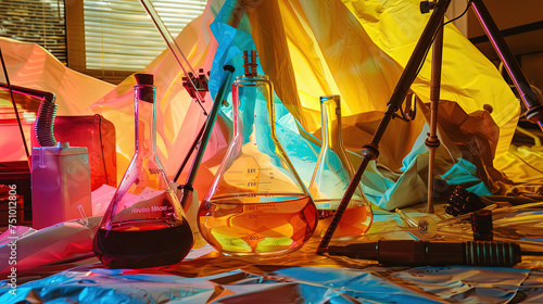 Colorful chemistry lab setup with flasks and scientific equipment.