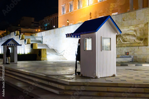 Late night Changing of the Guard at Syntagma Square in front of the Parliament building in Athens, Greece.
