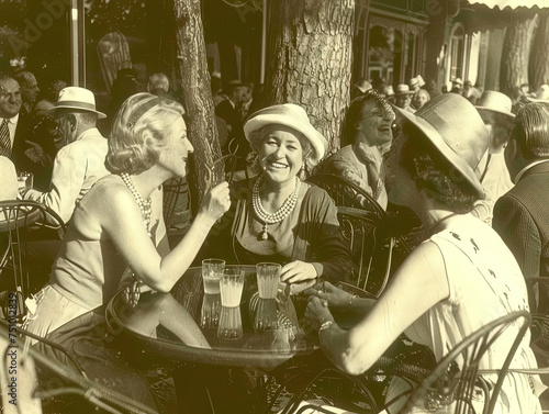 Three women enjoying a sunny outdoor café setting in vintage clothing.
